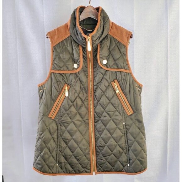 Vince Camuto Women's Riding Style Puffer Vest Green w/Faux Suede, Gold Accents M - Picture 1 of 6